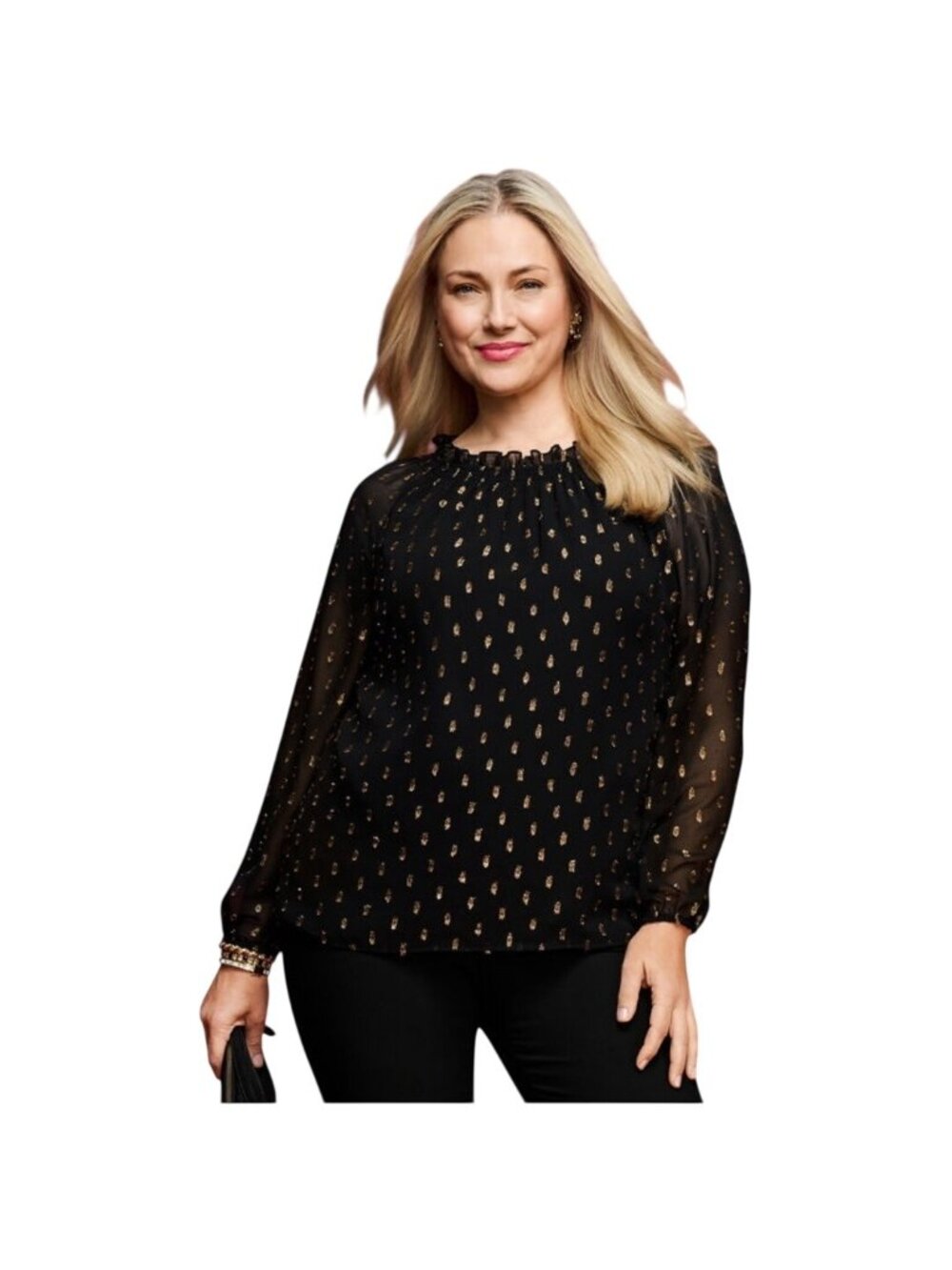 Talbots Women SZ XL Black/Gold Metallic Swiss Dots Top Blouse Sheer Long Sleeve
